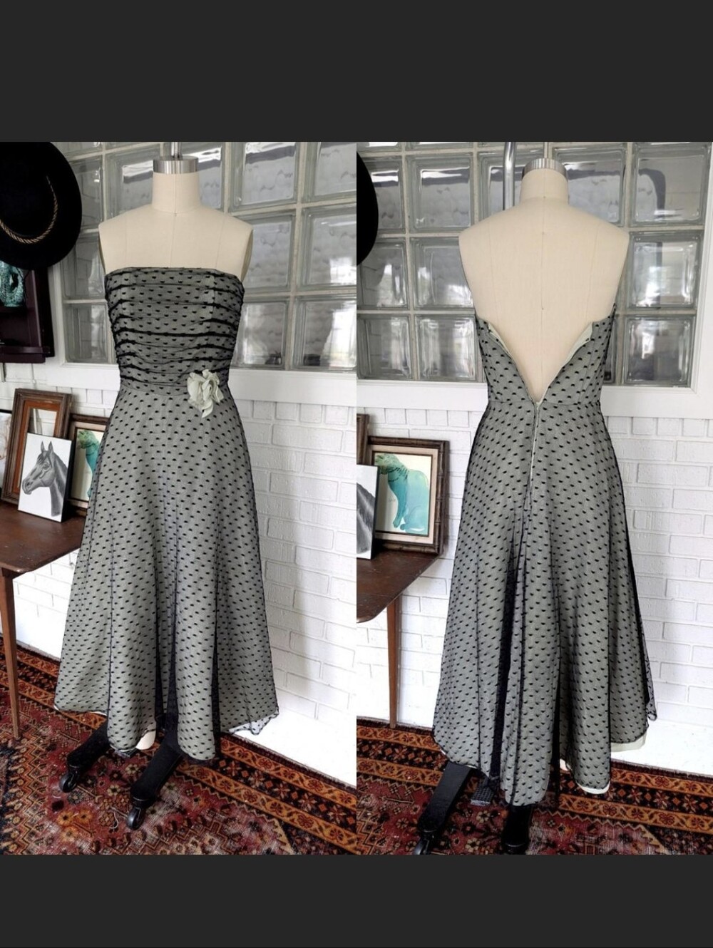 Scott McClintok vintage 90's pale seafoam green and black polka dot Dress - Picture 3 of 7